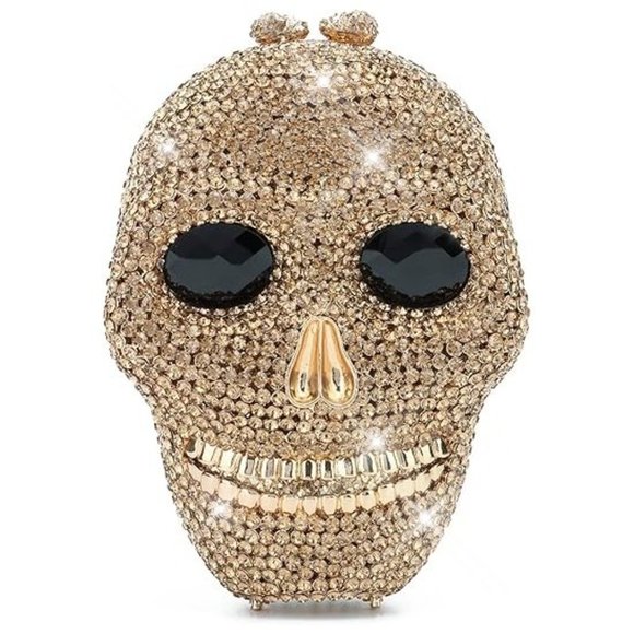 NWT Sparkling Bling Crystal Rhinestone Skull Clutch Purse Silver Gold +G… - Picture 10 of 11